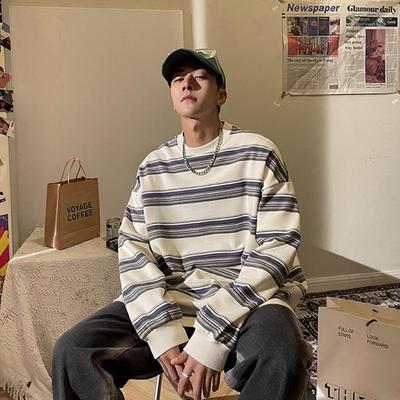 Moletom Masculino Listrado Solto Estilo Hong Kong Japonês - Gola Redonda Casual para Primavera e Outono