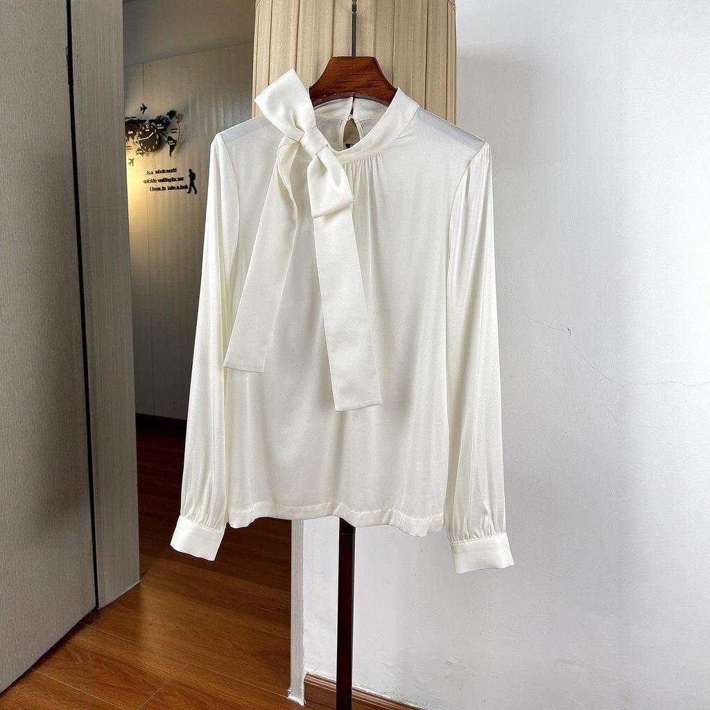 Women's Elegant Stand Collar Silk Bow Blouse, Long Sleeve, Mulberry Silk Ribbon, Commuting Style