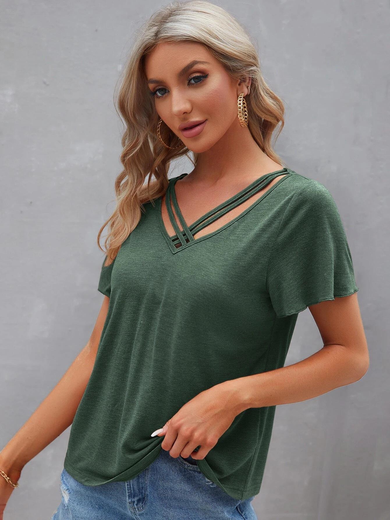 

2023 Summer Women s Solid Color Ruffle Sleeve Top L чирковий
