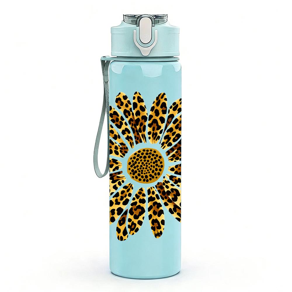 1PC Leopard Sunflower Bloom Graphic,750ml Color Plastic Sports Water Bottle,Leakproof Flip Straw Lid,Suitable for Sports Office Home Use