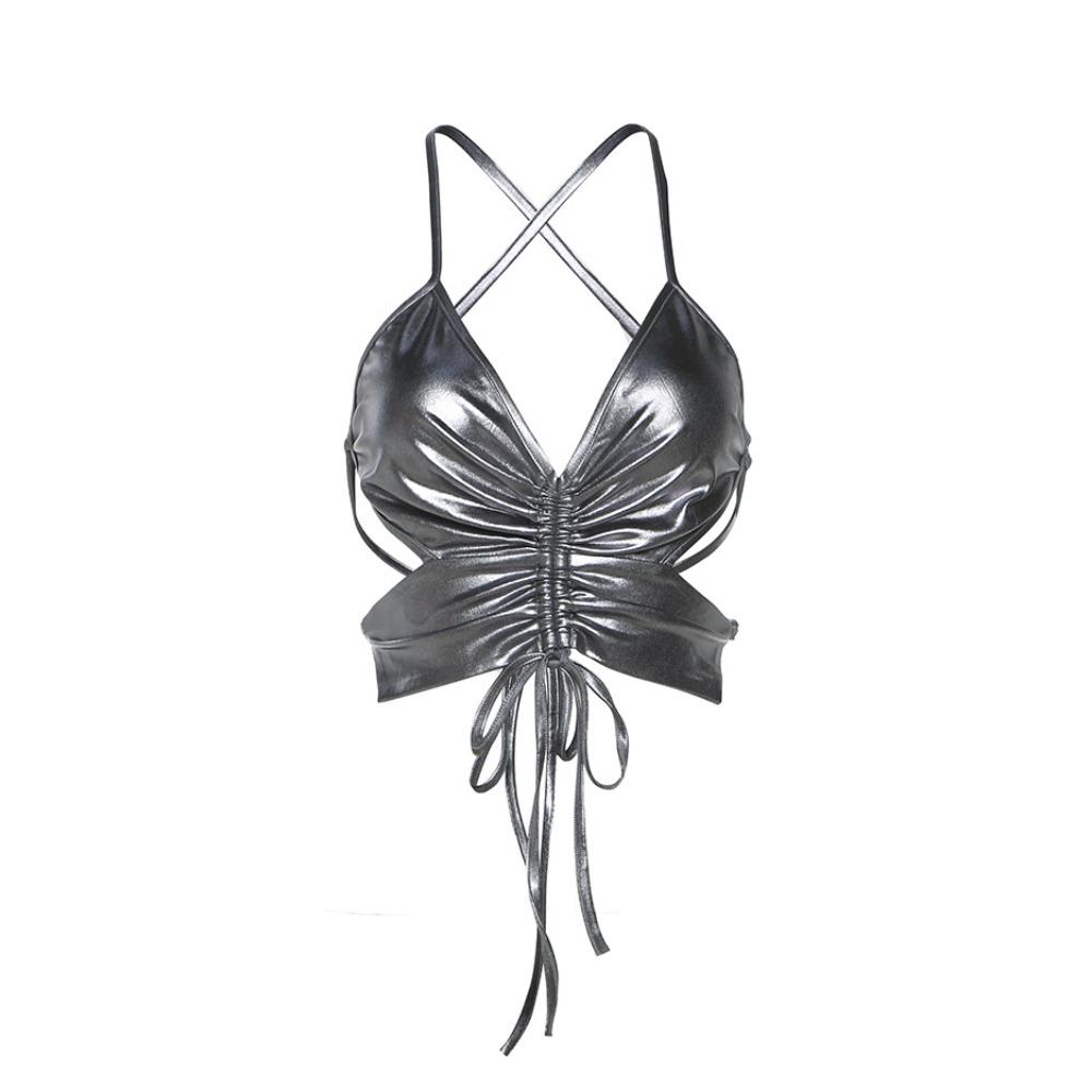 Glossy Punk Butterfly Vest Sleeveless Neck Halter Top Personality Y2K Slim Crop Tops  Female Girl