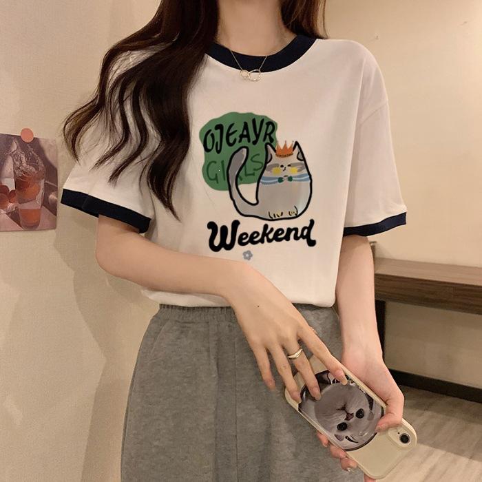 

Pure cotton, spring and summer new Korean version loose casual contrasting color cartoon printing short-sleeved t-shirt female tide 2XL Темно-синій