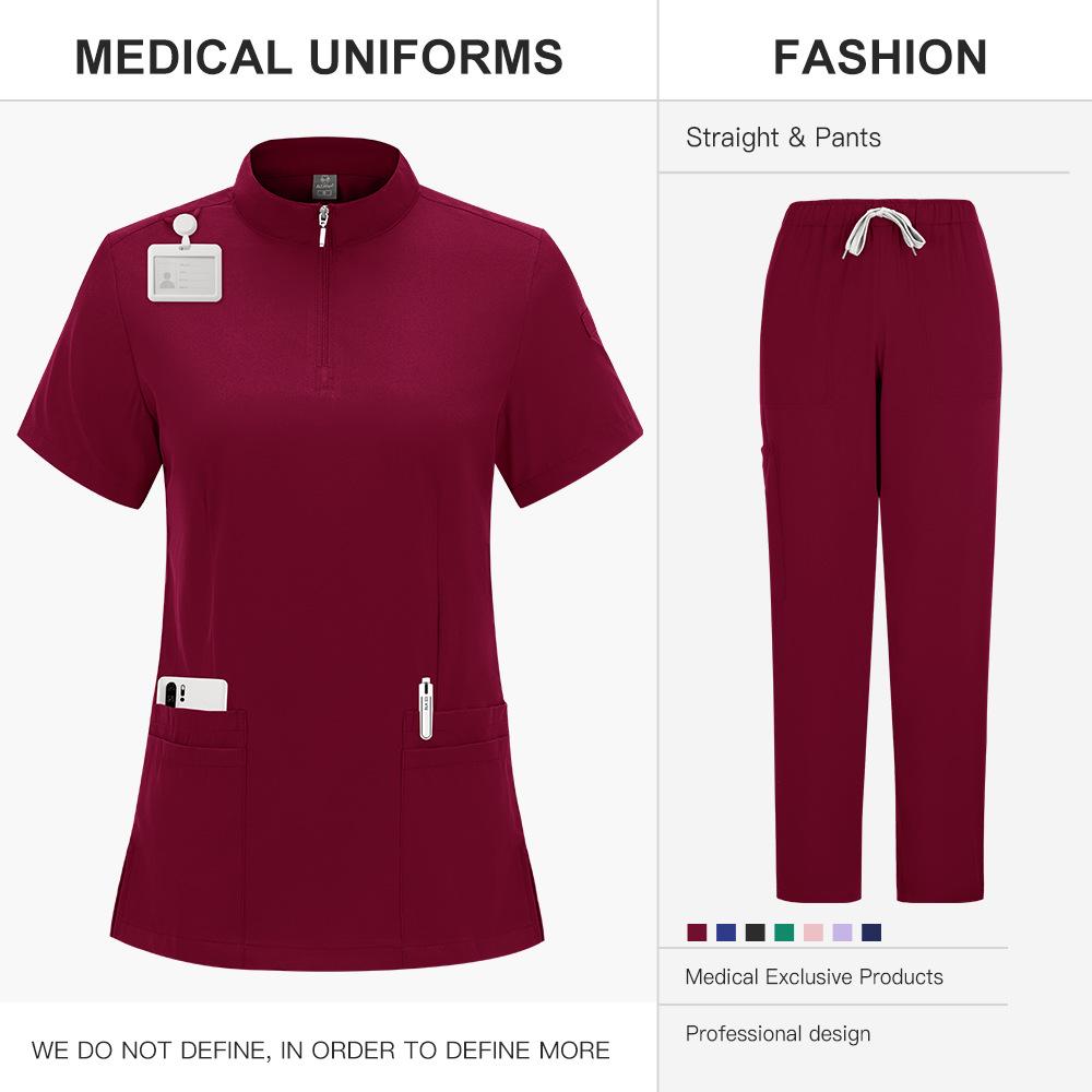 Zippered Stand-Up Collar Scrub Suit with Straight-Leg Pants In Solid Color for Healthcare Professionals