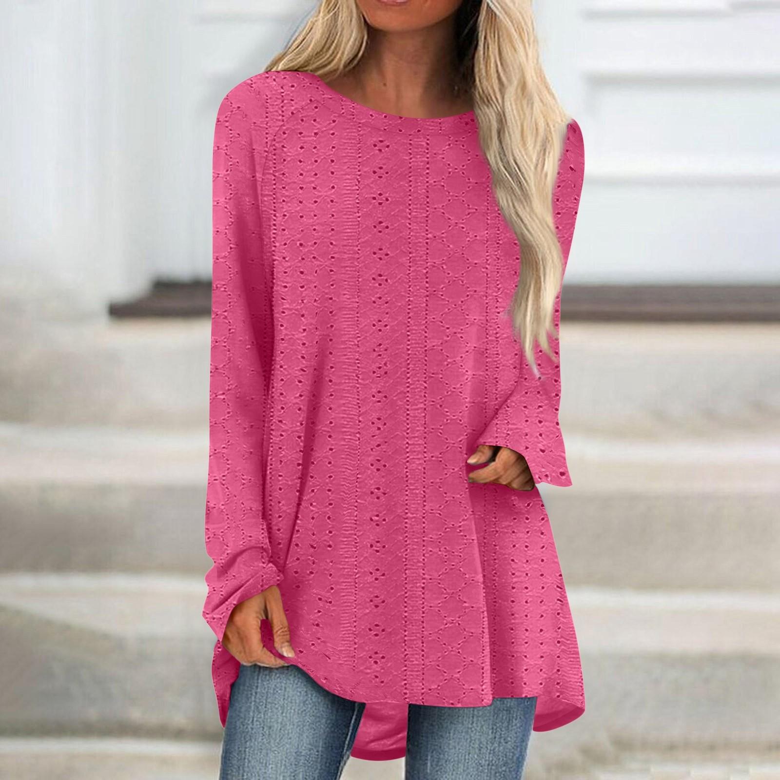 

Женские топы с круглым вырезом, блузки с длинным рукавом, повседневные рубашки средней длины, модные туники с принтом XXL горячий розовый