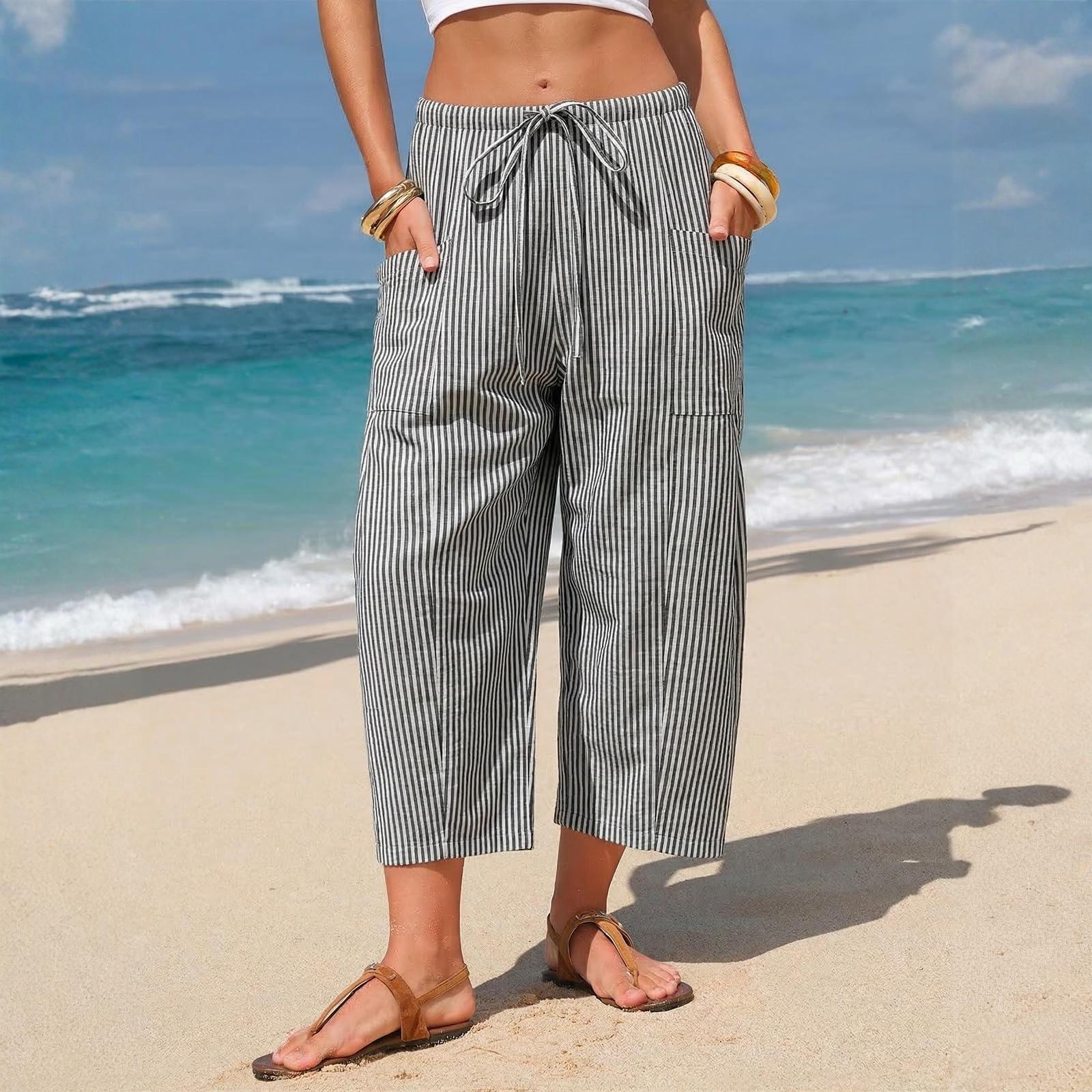 Women s Stylish Casual Striped Checked Pants XXL белый