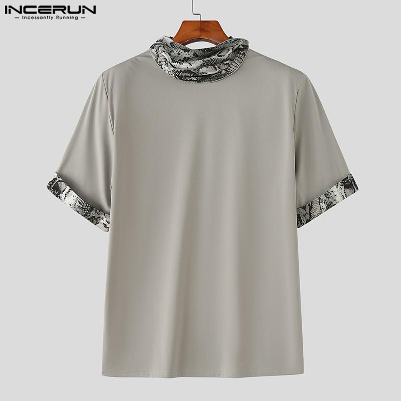 INCERUN Mens Tie Up Short Sleeve Leopard Stitching Casual T-shirts Tops