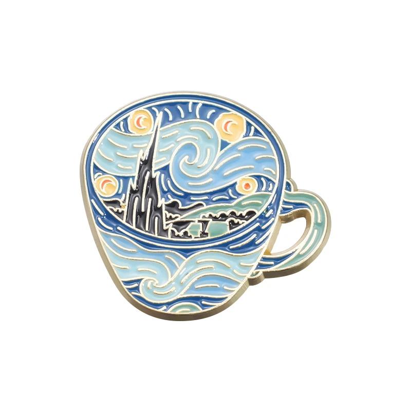 Classic Oil Painting Created By Van Gogh Enamel Pins Starry Moon Night Sunflower Waves Brooches Lapel Badge Art Painting Jewelry