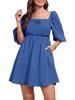 Womens Square Neck Babydoll Dress Puff Sleeve Smocked Backless Mini Dress