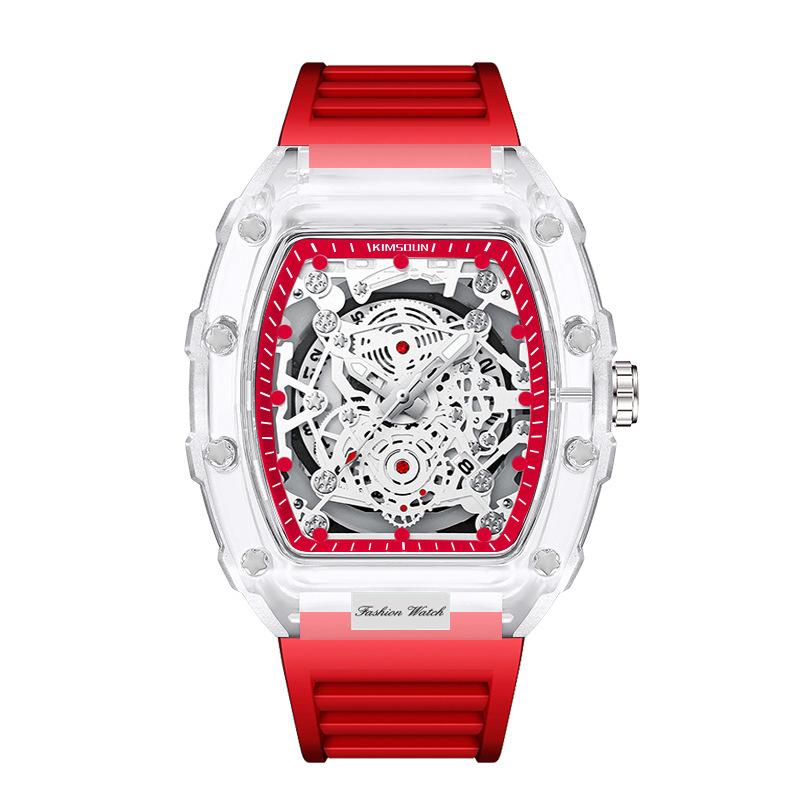 Fashionable Casual Men's Watch Luminous Calendar Function Silicone Strap Tonneau Shaped Transparent Case Men Quartz Watch Reloj