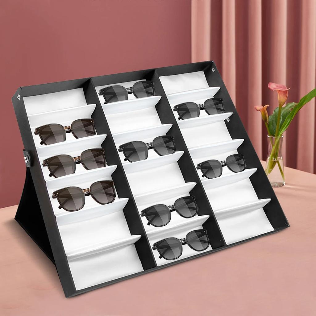 18-Slot Sunglasses Storage Display Box - Eyeglass Storage Case with Stand, Fabric Lining, Snap Closure -for Glasses and Jewelry
