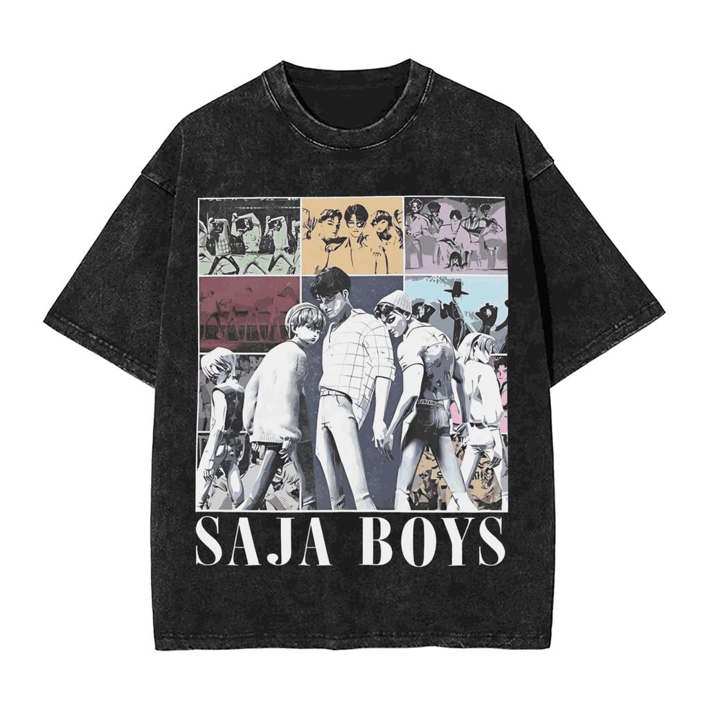 Saja Boys Kpop Demon Hunters Graphic Print T-shirt Men Women Harajuku Vintage Washed Loose Casual Oversized Cotton Short Sleeve Summer New Tee