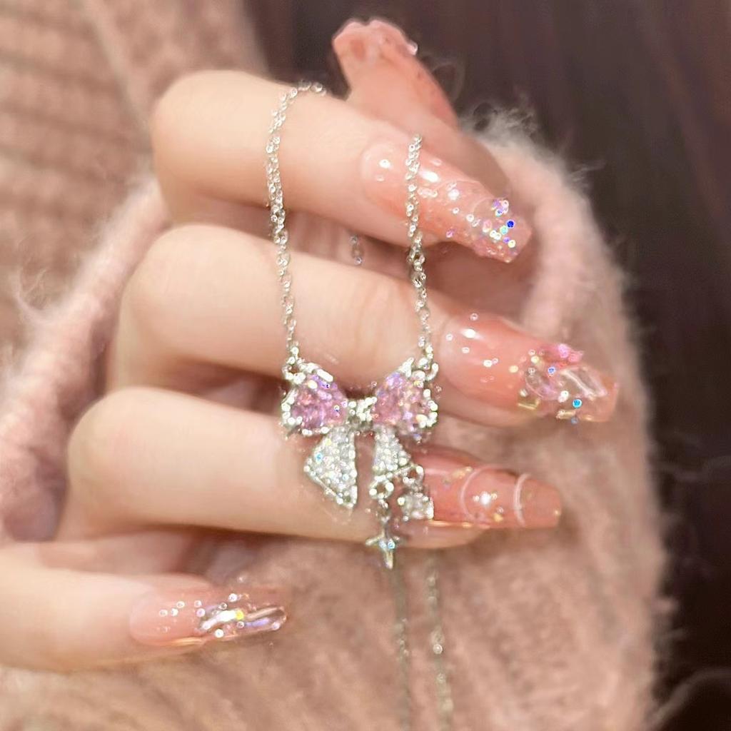Korean Fashion Pink Crystal Heart Bow Tie Pendant Necklace Silver Color Chain Neck Necklace for Women Wedding Aesthetic Jewelry