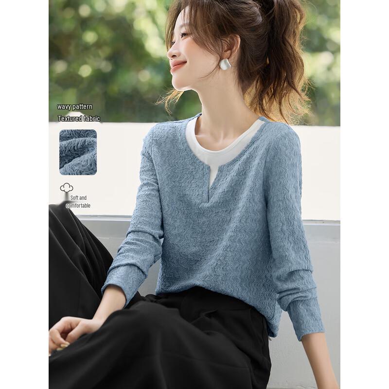 Mohan Yimei Casual Textured Patchwork Long Sleeve T-Shirt L