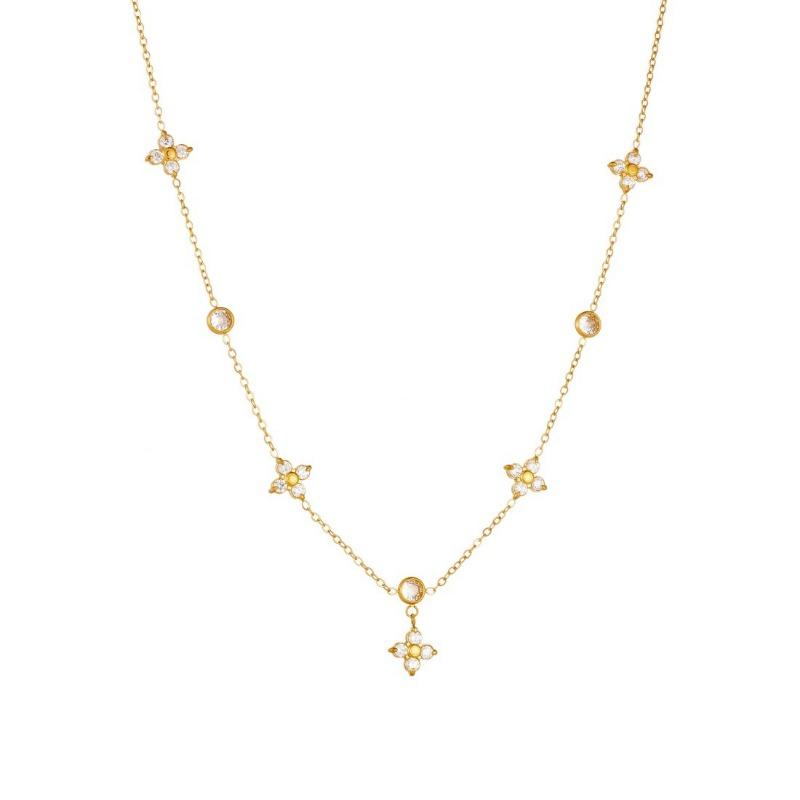 Gold Plated Stainless Steel Four-leaf Flower Crystal Station Necklace for Women