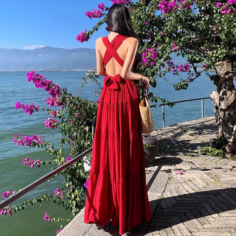 Seaside Desert Vacation Red Hanging Neck Dress Female Sanya Travel Wear Photo Sexy Backless Split Skirt