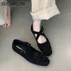 Fashion SUOJIALUN 2024 New Brand Women Flat Shoes Fashion Round Toe Ladies Elegant Red Mary Jane Shoes Soft Flat Heel Dress Ballerinas S