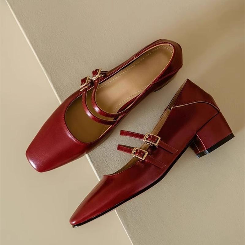 Fashion French Style Leather Mary Jane Shoes Women Sexy Low Square Heel Flats Fashion Double Buckle Strap Design Casual Shoes for Women