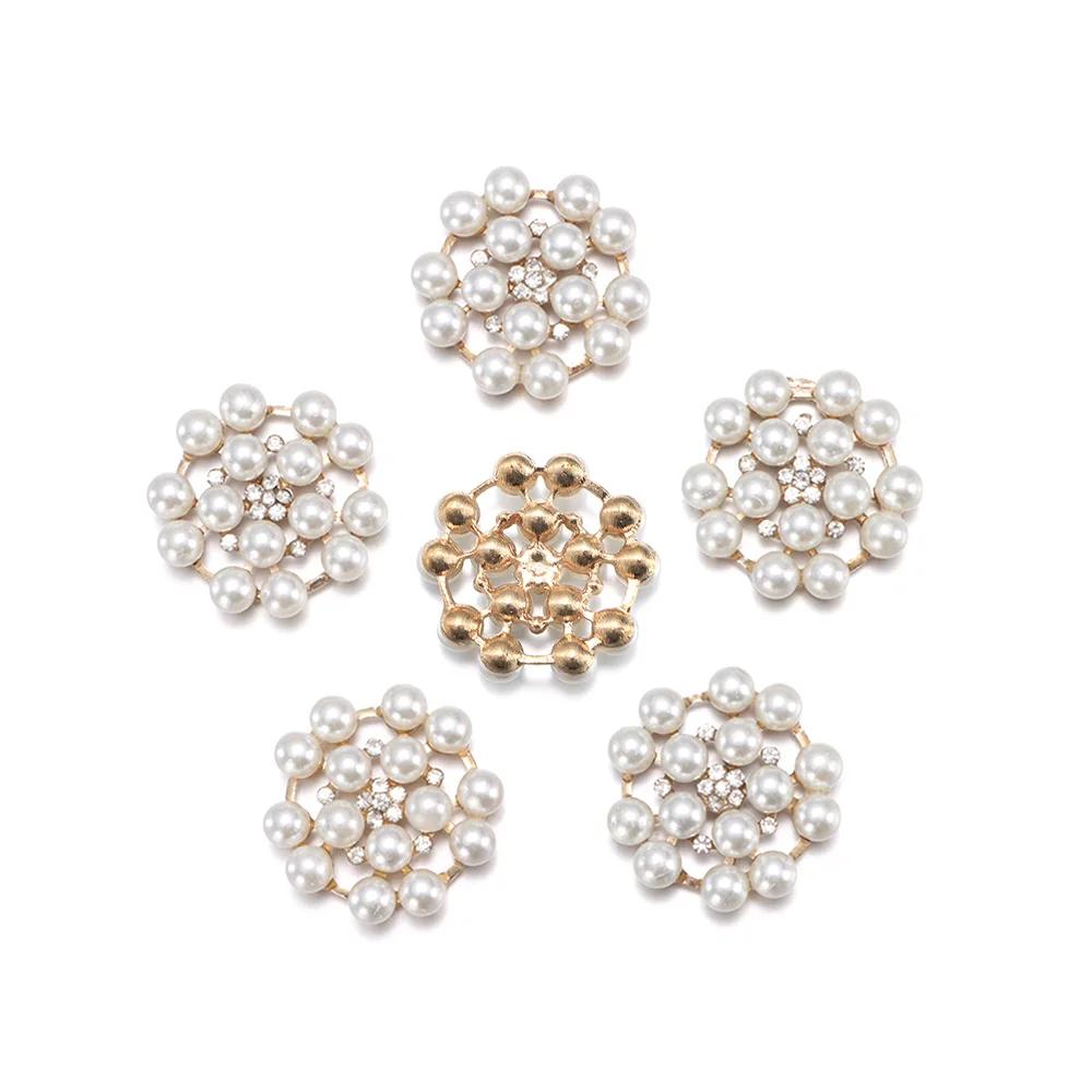 5PCS Pearl Flower Rhinestone Buttons Sparkling Crystal Hairpins Decoration Clothes Buttons DIY Crafts Apparel Sewing Accessories