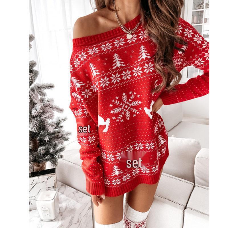 European & American Ladies' Christmas Jacquard Knit Sweater Dress – Autumn/Winter Loose Long Sleeve