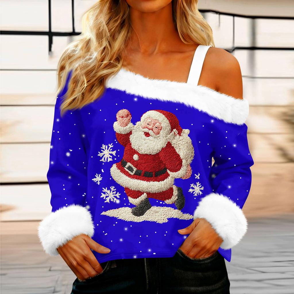 Dámská ležérní móda Sexy top s odhalenými rameny a vánočním vzorem, s dlouhým rukávem a kulatým výstřihem