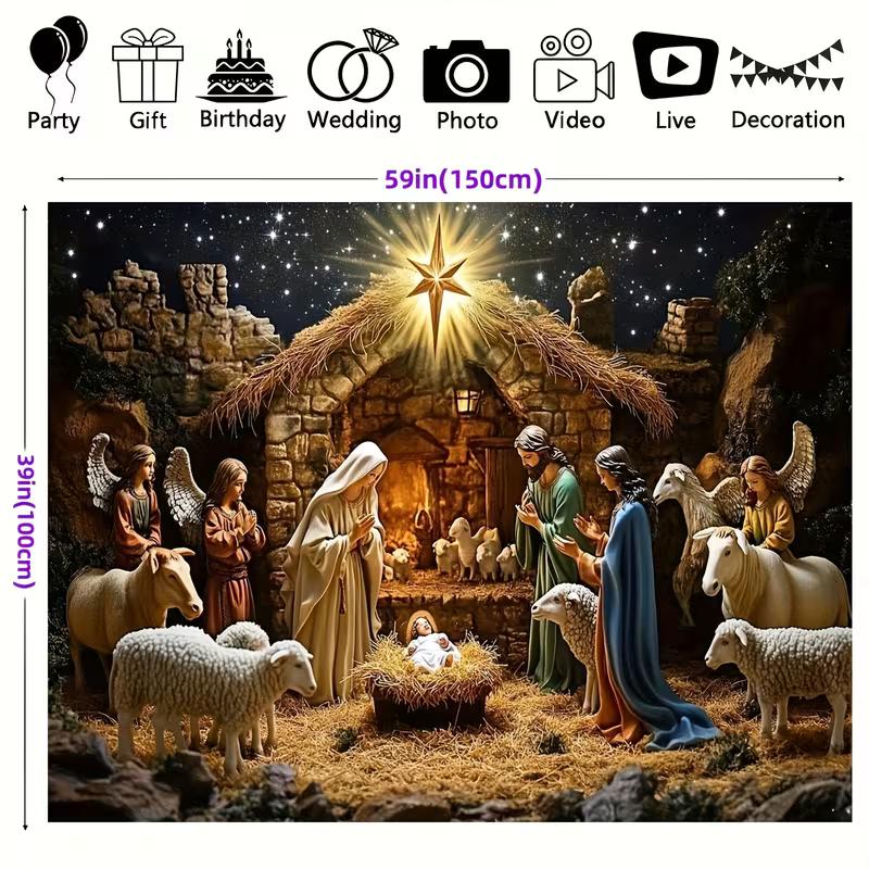 2D Nativity Scene Photography Backdrop Holy Family with Angels and Animals
