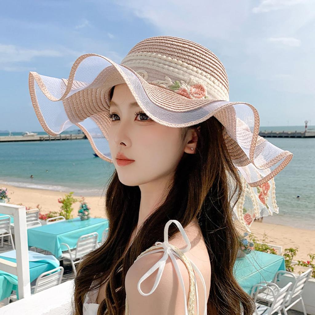 Straw Wide UV Floral Bowknot UV Sun Actress [easylivegogo] Women's Hat, Brim, Protection, Pattern, Ribbon, Lace, Cut, Protection, Natural, Refreshing,