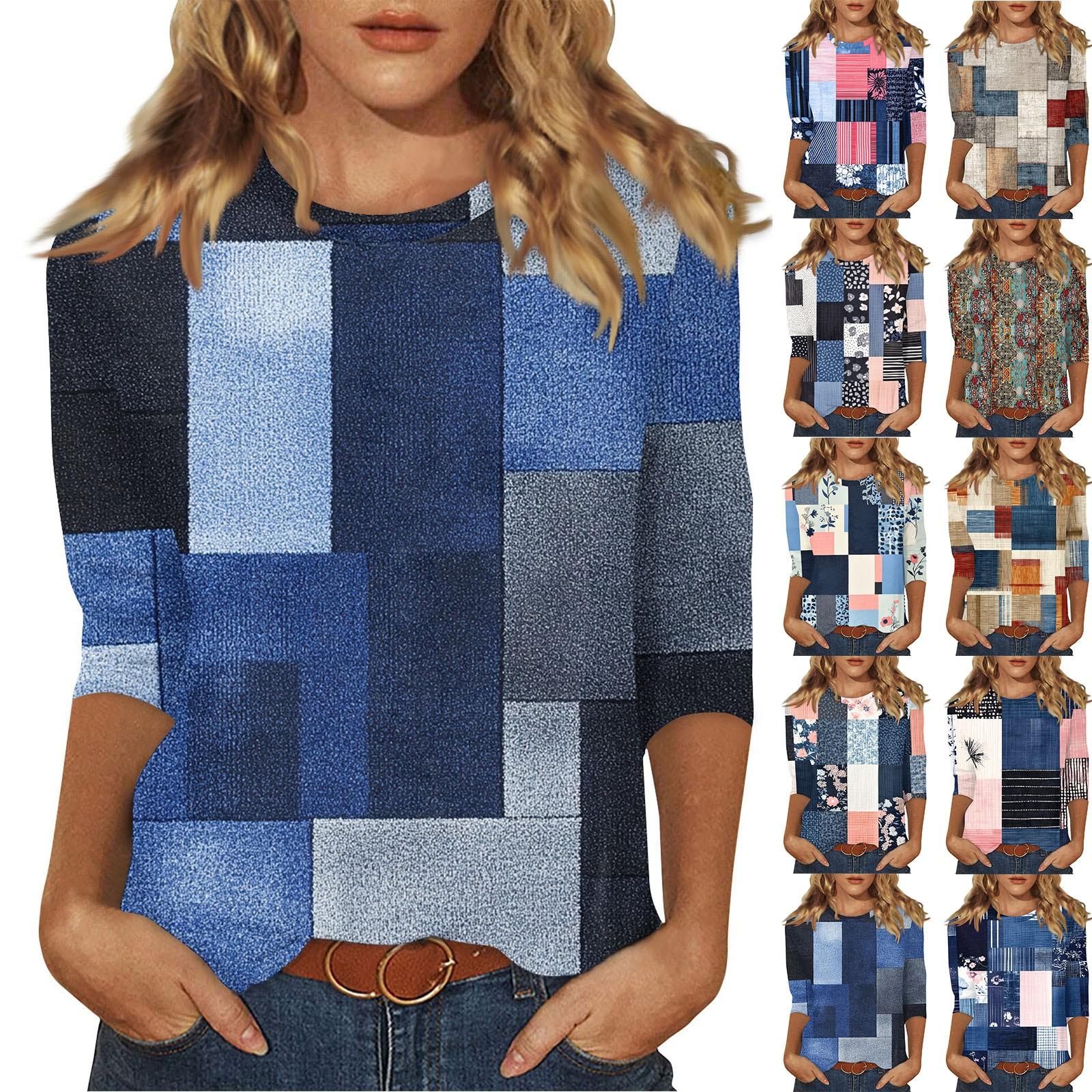 

Women s O-neck 3/4 Sleeve Print Ed Top S хакі