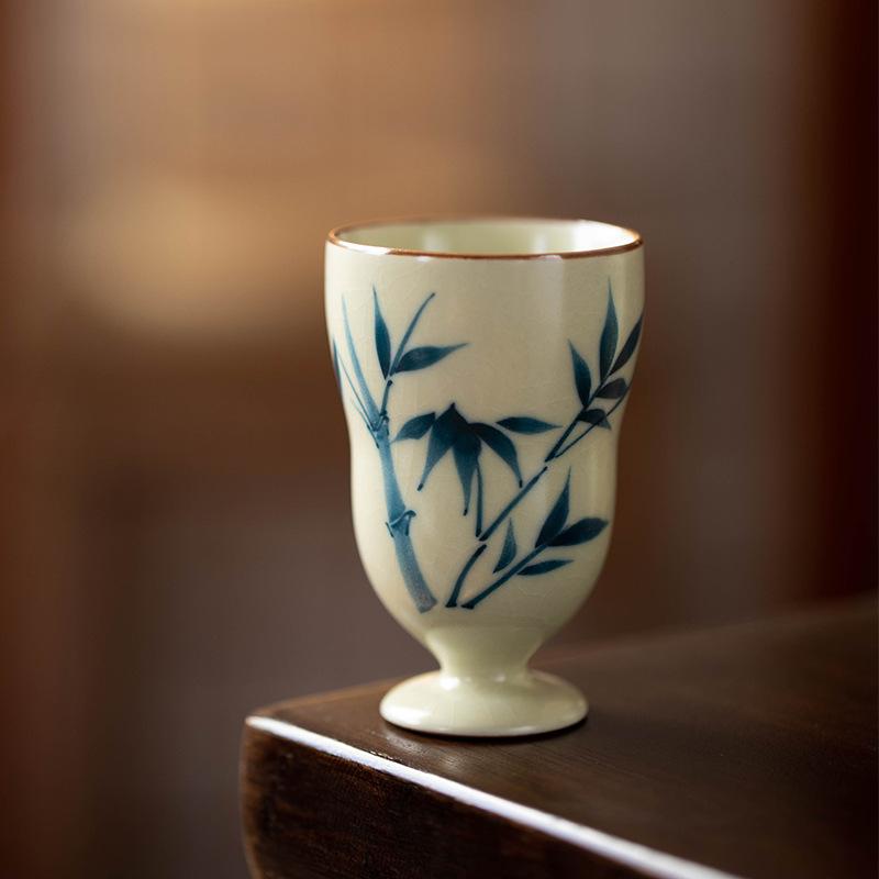 Huang Ru Kiln pure hand-painted bamboo teacup master cup ceramic high-end tea teapot cover bowl tea cup kung fu tea set