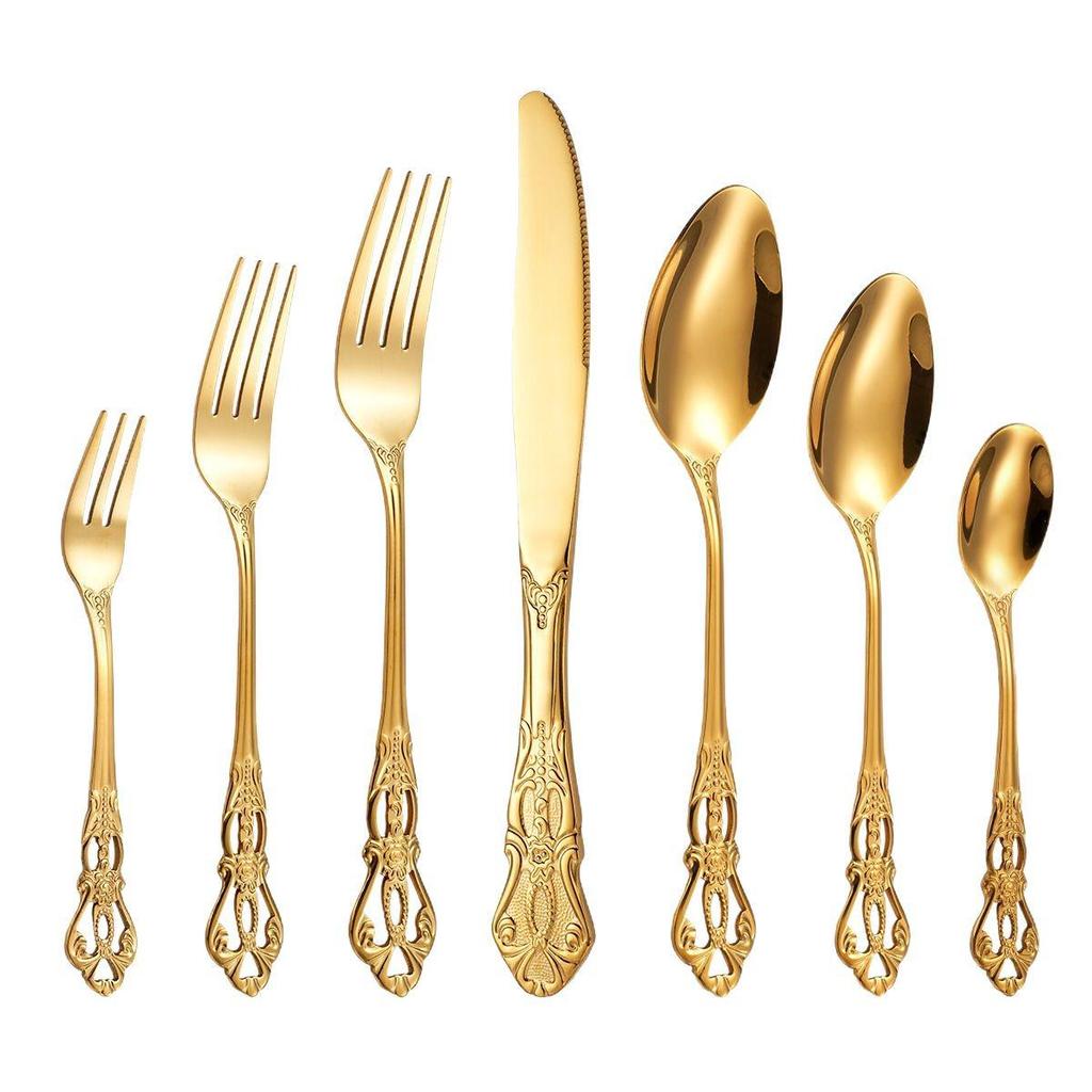Retro European Royal Court Stainless Steel Cutlery Set: Steak Knife, Fork, and Embossed Spoon with Mirror Finish