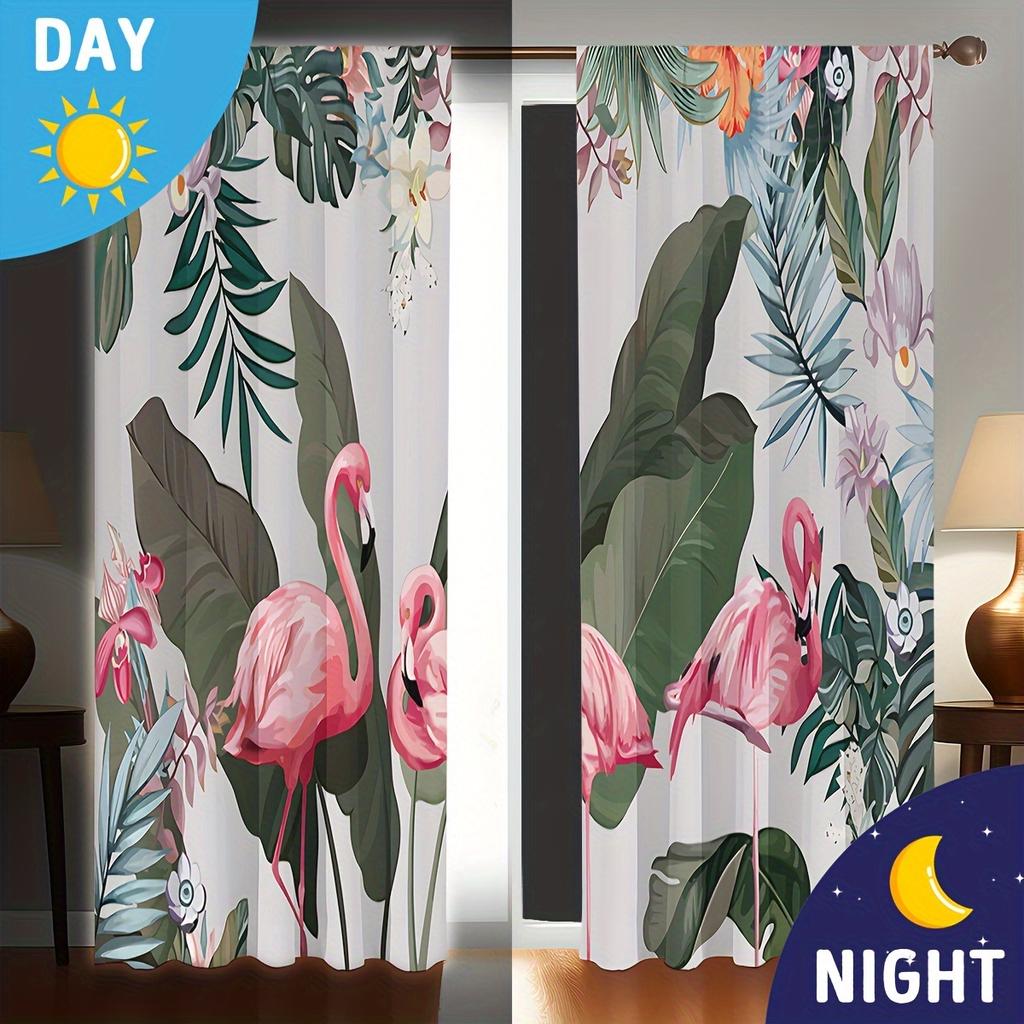 2pcs Tropical Leaf Shawl Flamingo Brush Translucent Curtains Living Room Playroom Bedroom Floor Window Kitchen Window Blinds