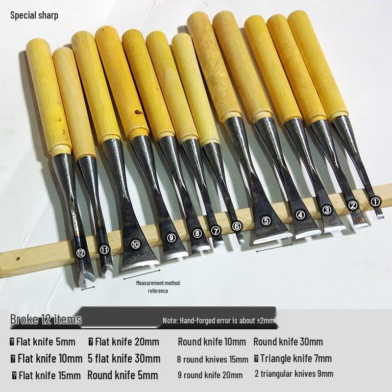 Dongyang Handmade Wood Carving Knife Set: Root, Flower, and Roughing Shaping Chisels.