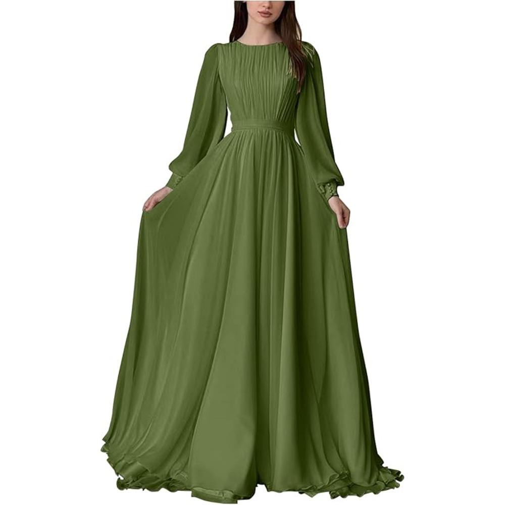 

Spring and Autumn Lantern Sleeve Pearlescent Dress White Wedding Dress Crew Neck Dress Long Sleeve Dress XXL зелений