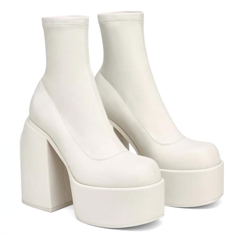 Women's European Punk Chunky Heel Ankle Boots, Waterproof Elastic Platform, Leg-Slimming, Spring/Autumn, Size 43.