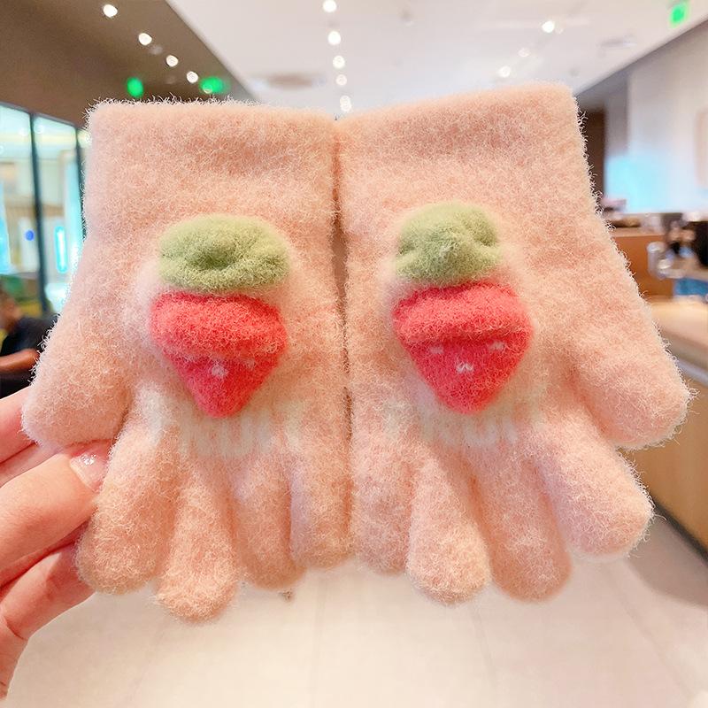 Korean version of cute cartoon children's gloves cycling cold-proof thickened warm gloves creative simple strawberry knitted gloves