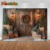 Mocsicka Christmas Wood Door Background Photography Room Wreath Tree Wall Backdrop Shooting Props Party Decoration Studio Banner