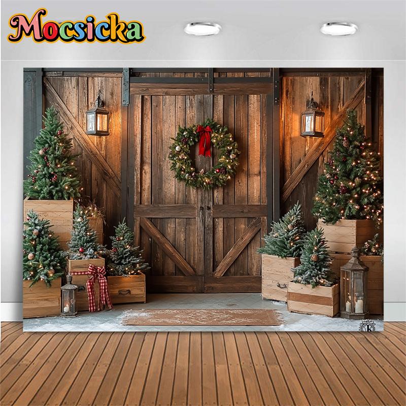Mocsicka Christmas Wood Door Background Photography Room Wreath Tree Wall Backdrop Shooting Props Party Decoration Studio Banner