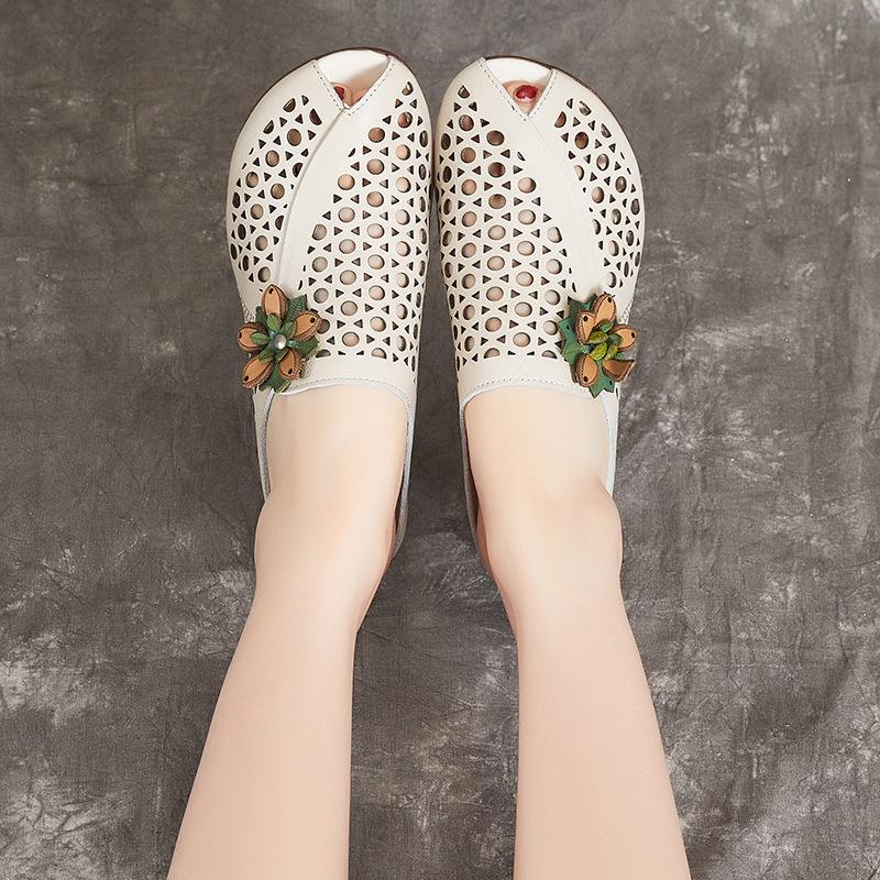 Sommer Damen Schuhe Ethno Stil Dicker Absatz Weiche Sohle Rindsleder Sandalen