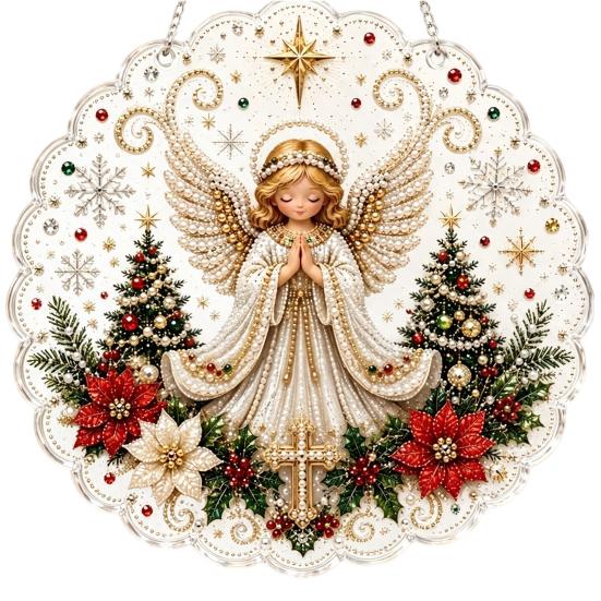 Holiday Window Hanging Decor Christmas Faux Pearl Painting Suncatcher Kit, 3D Nativity/Santa Claus/Bird/Tree Creative Handcrafts Beads Art Craft,