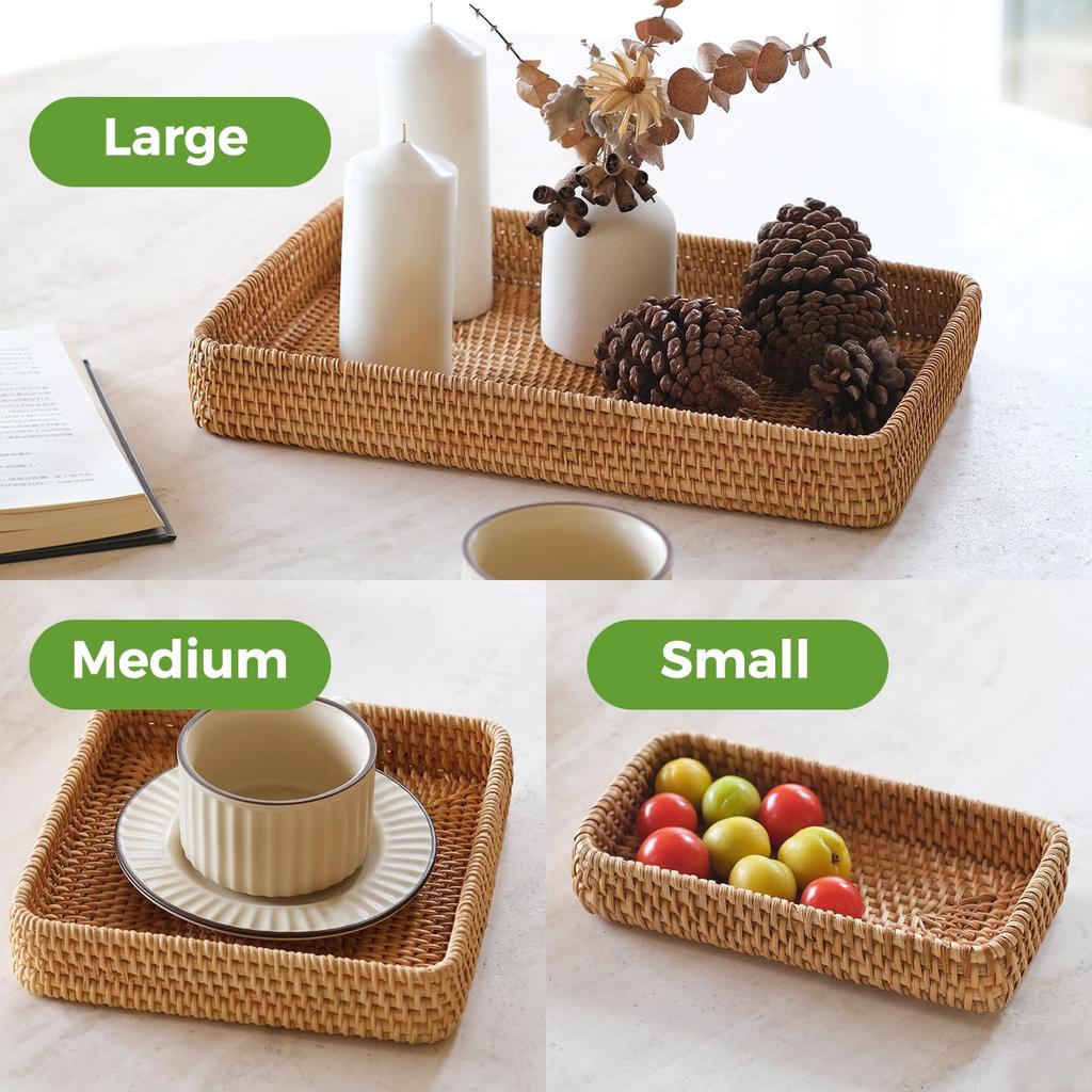 Handwoven Rattan Storage Basket, Wicker Tray Picnic Basket Food Plate Fruit Cake Sundries Box Home Desk Decoration