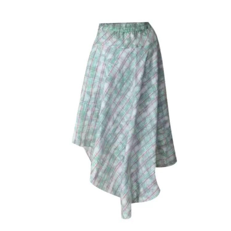 

Летняя асимметричная винтажная клетчатая юбка миди для женщин - Универсальная А-силуэтная юбка с высокой талией и застежкой-молнией XL