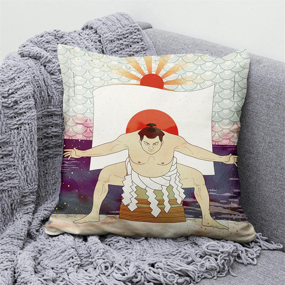 Lucky Cat Japanese Style Sofa Bed Decorative Pillow Cover Home Decor Mount Fuji  Art Cushion