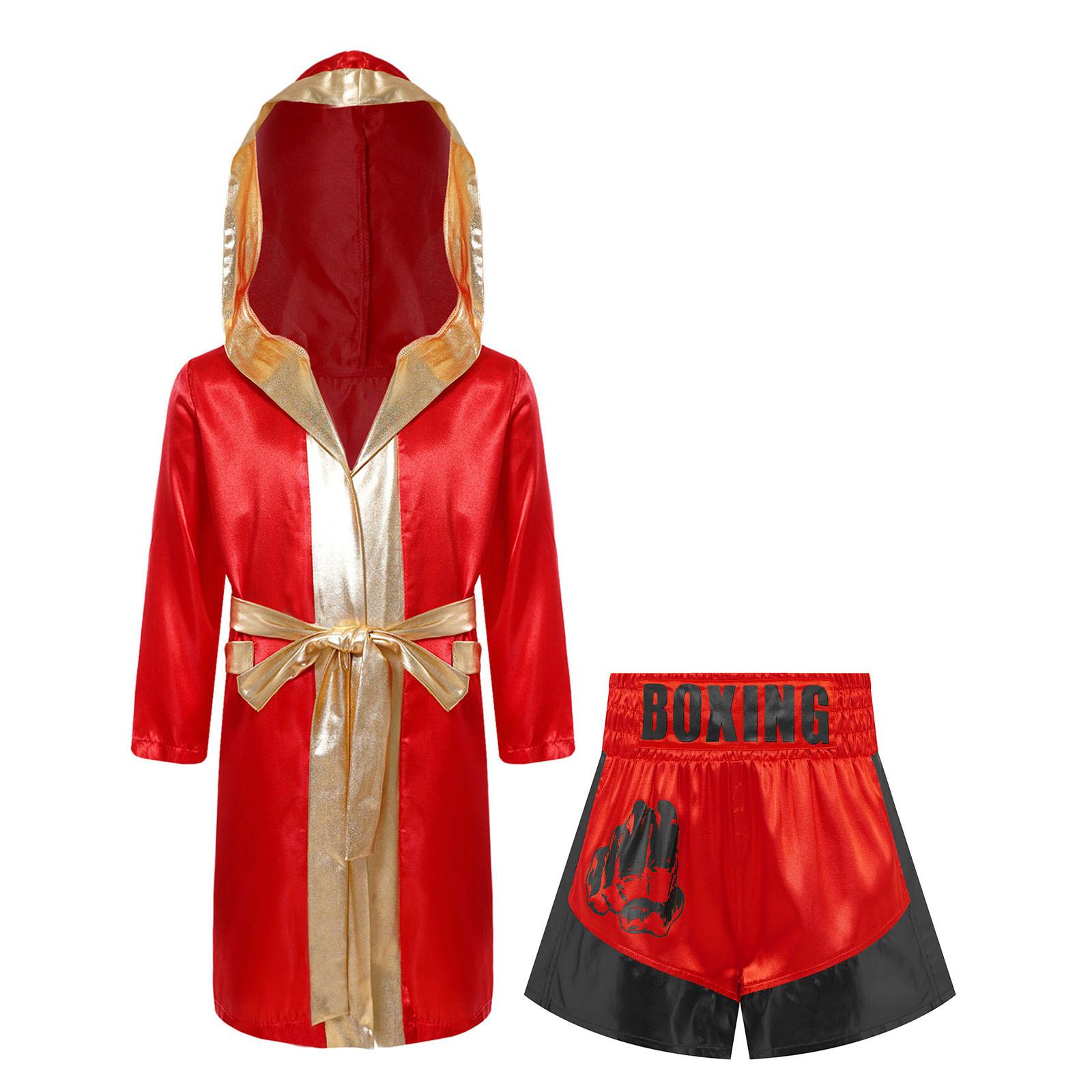 

Boys Girls Boxing Cosplay Outfit Long Sleeve Open Front Satin Robe Metallic Trim Hooded Cloak Belted Shorts 15-16 Years чорний/червоний
