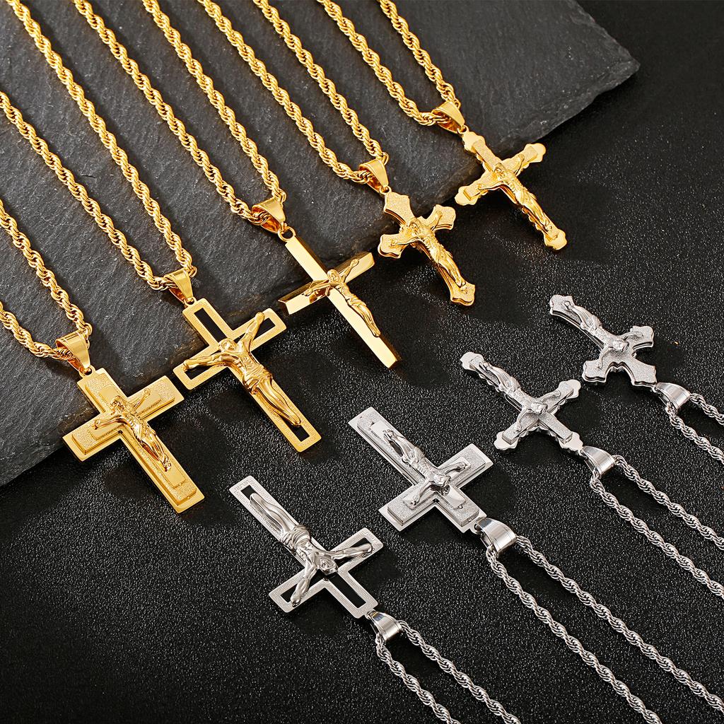 Jesus Cross Pendant Necklace Men Women Thick Stainless Steel Jewelry Twist Chain Religious Charms Accessory Gift