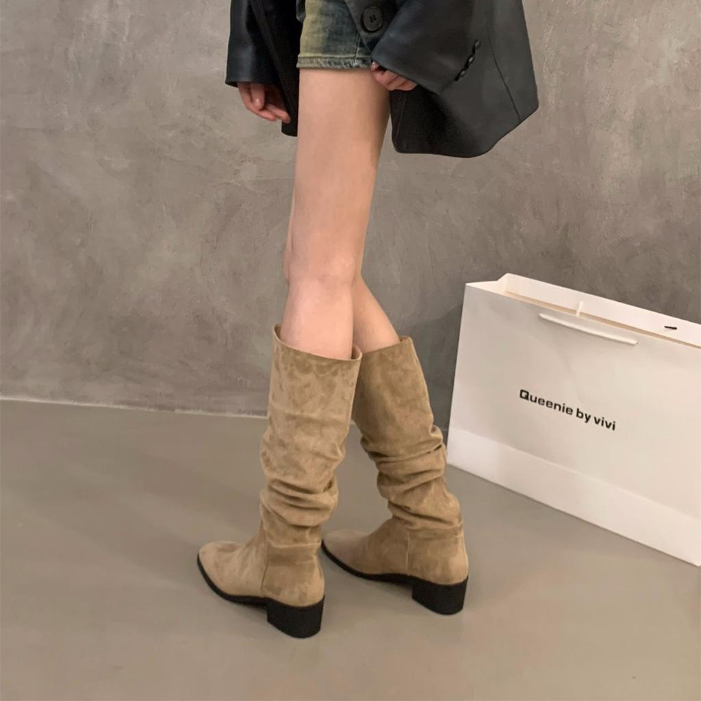 High Heel Skinny Boots Square Head Medium Tube Knight Boots Women's Shoes 2025 New Spring, Autumn and Winter Stacking Boots Long Boots