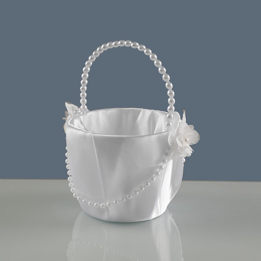 Elegant Pearl Decor Flower Girl Basket with Satin Body for Classic White Wedding Ceremony, Bridal Photo Shoot Petal Holder