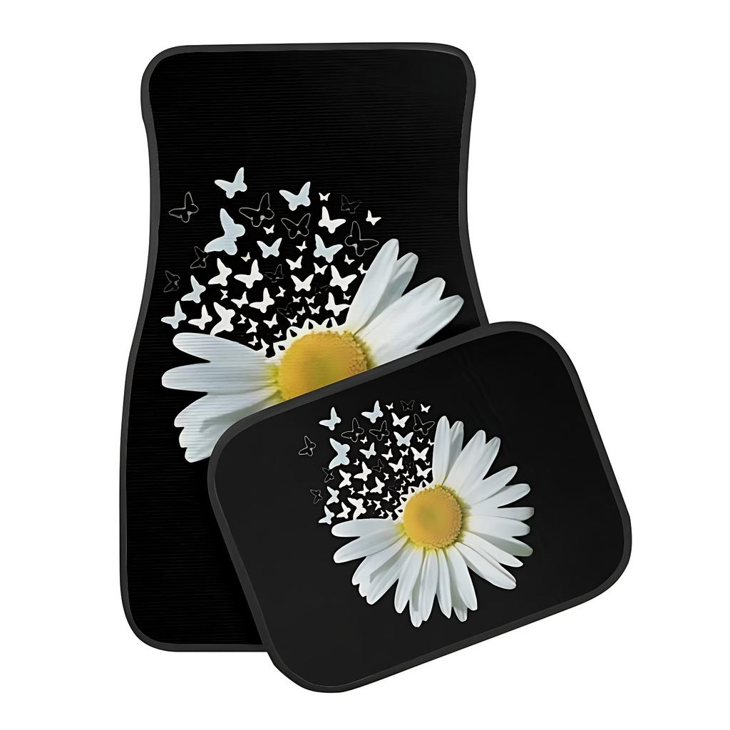 4pcs White Daisy Butterfly Car Non-Slip Carpet | Polyester, Easy To Clean & Install, Suitable for Cars & SUVs, Universal Fit