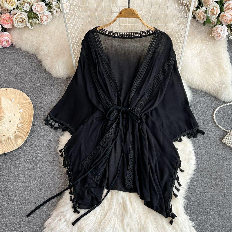 

Seaside Vacation Tassel Loose Air Conditioning Shawl Cardigan Black All yards
