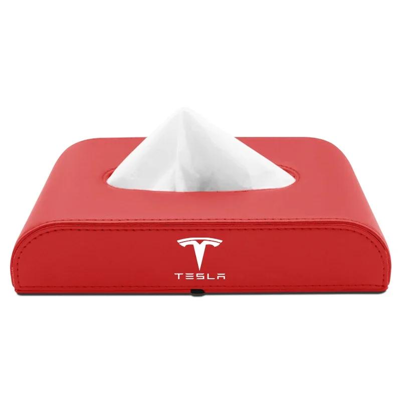 

Car Sticker 2025 New Tesla PU Leather Car Tissue Box Hanging VW badge Paper Towel Bag Storage For Tesla Model 3 S Y X Protector червоний