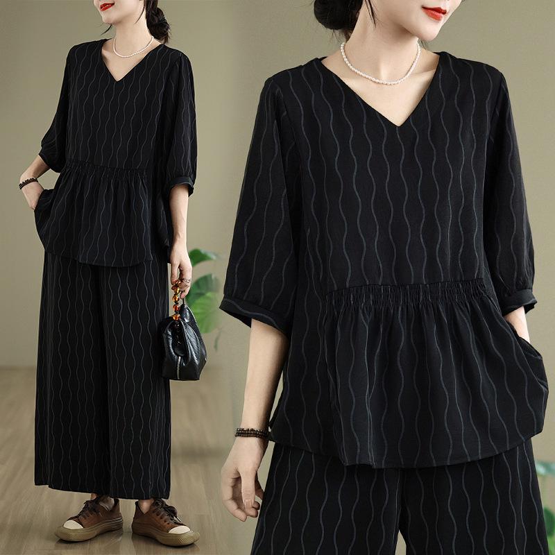 Real Shot 2025: Chic Slimming Plus-Size Summer Two-Piece Set with Light Mature Style and Wide-Leg Pants