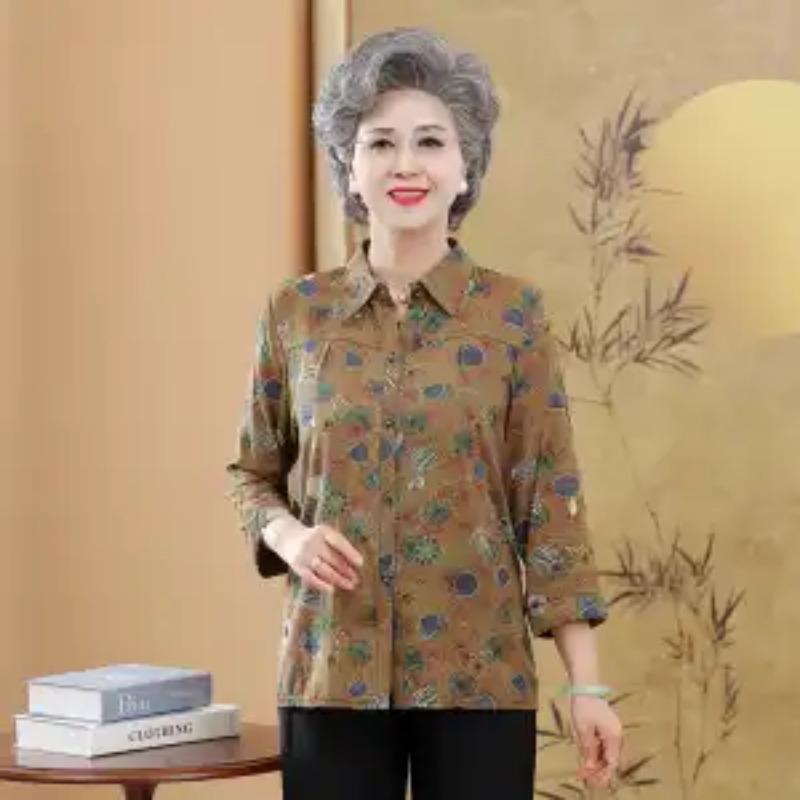 Women's Vintage Fan Print Blouse Three-Quarter Sleeve Button-Down Casual Shirt for Elderly